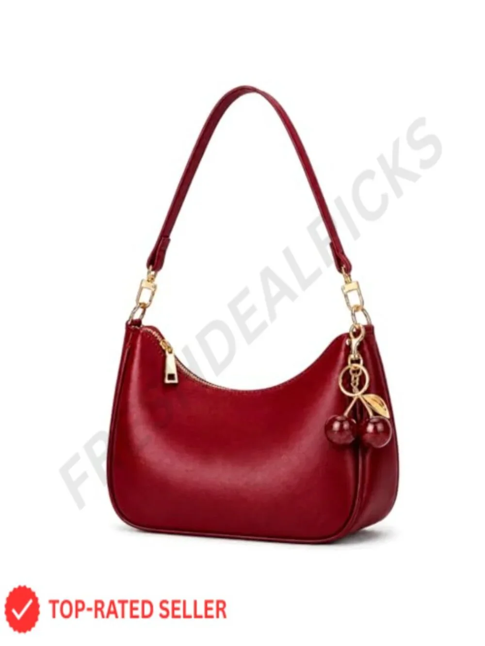 Women's Hobo Shoulder Bag Faux Leather Purse Clutch with Cherry Charm &